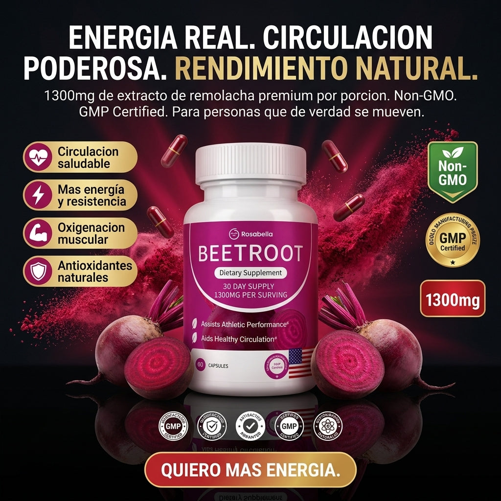 Rosabella Beetroot 1300mg – Energia Natural, Circulacion y Rendimiento Fisico en 60 Capsulas