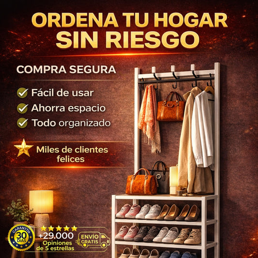 Organizador 3 en 1: Perchero y Zapatero de 5 Niveles. ¡Orden Total y Ahorro de Espacio al Instante!