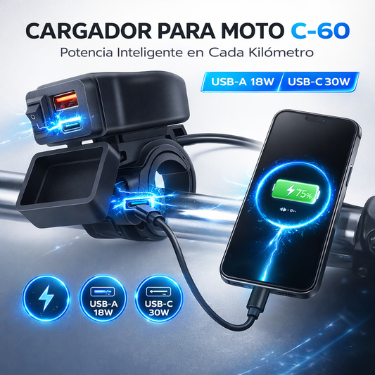 Cargador de Moto C-60 30W USB-C PD + 18W USB-A con Pantalla LED y Protección Inteligente Impermeable