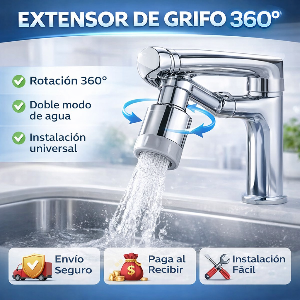 Extensor de Grifo 360° con Doble Modo de Agua – Ahorro y Comodidad en Cocina y Baño