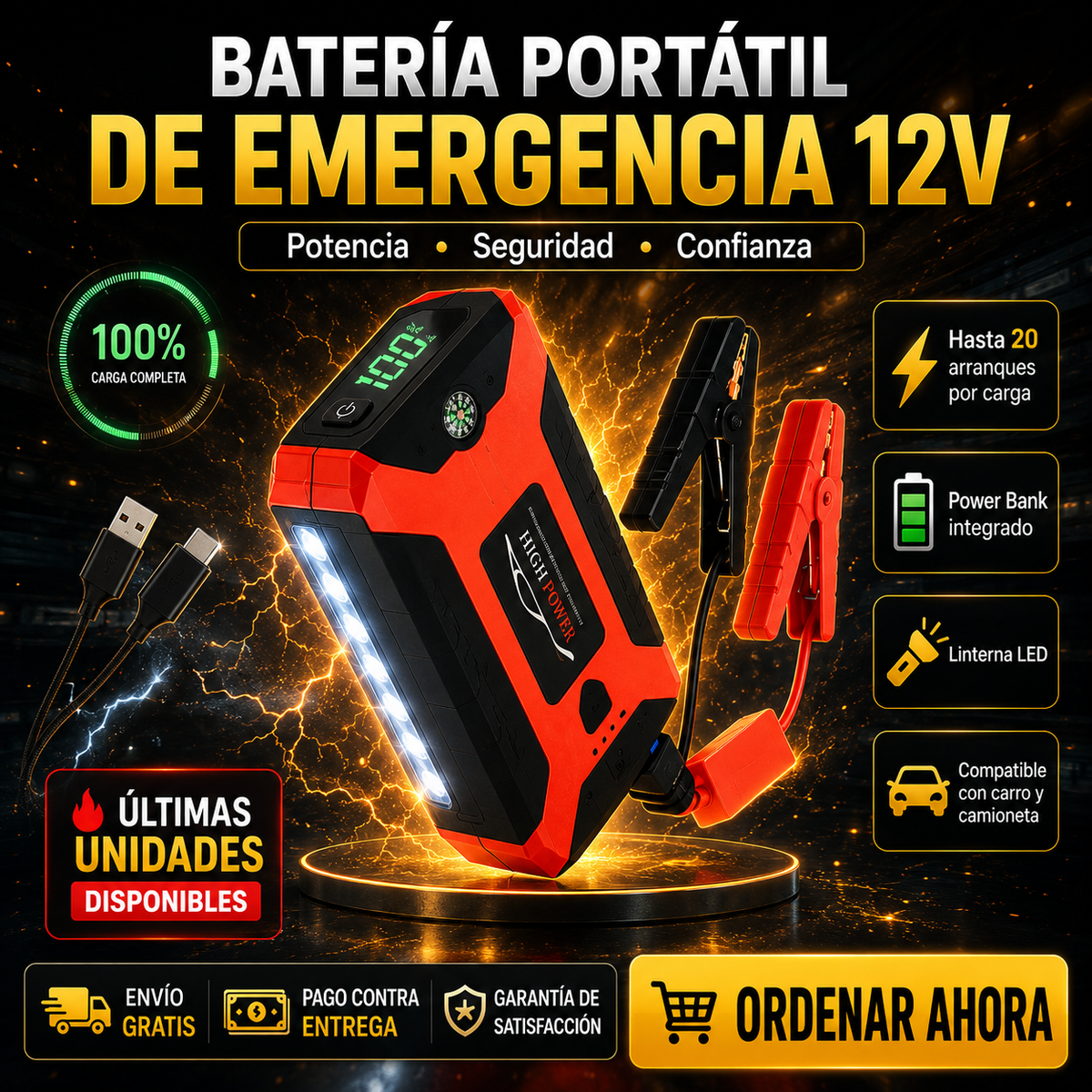 Batería Portátil de Emergencia 12V | Arranca tu carro en minutos y evita quedar varado