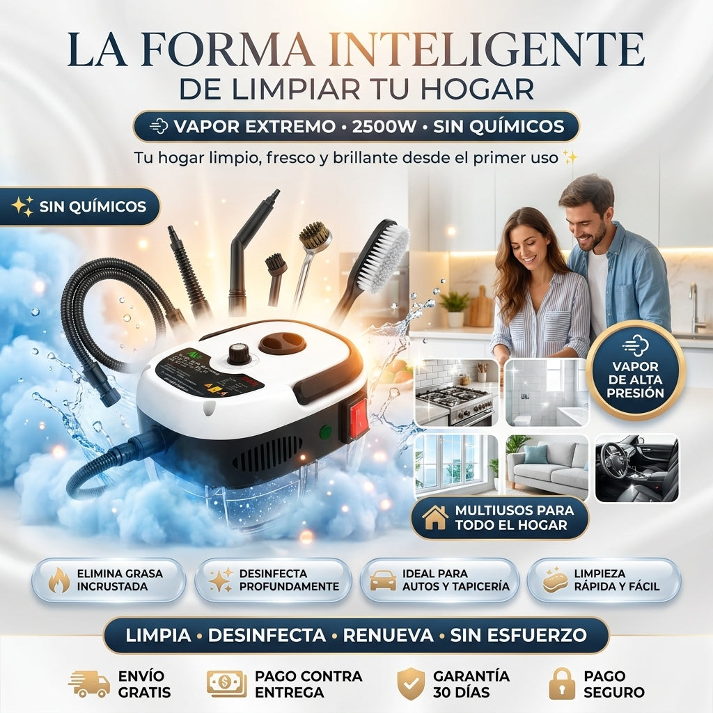 Limpiador a Vapor 2500W: Desinfección Profunda de Alta Presión sin Químicos para todo tu Hogar