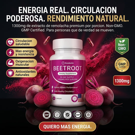 Rosabella Beetroot 1300mg – Energia Natural, Circulacion y Rendimiento Fisico en 60 Capsulas